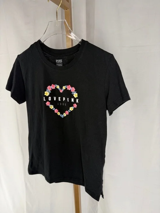 PINK Victoria’s Secret Love Heart Floral Logo Tee Shirt Top - XS - Black - Picture 7 of 10